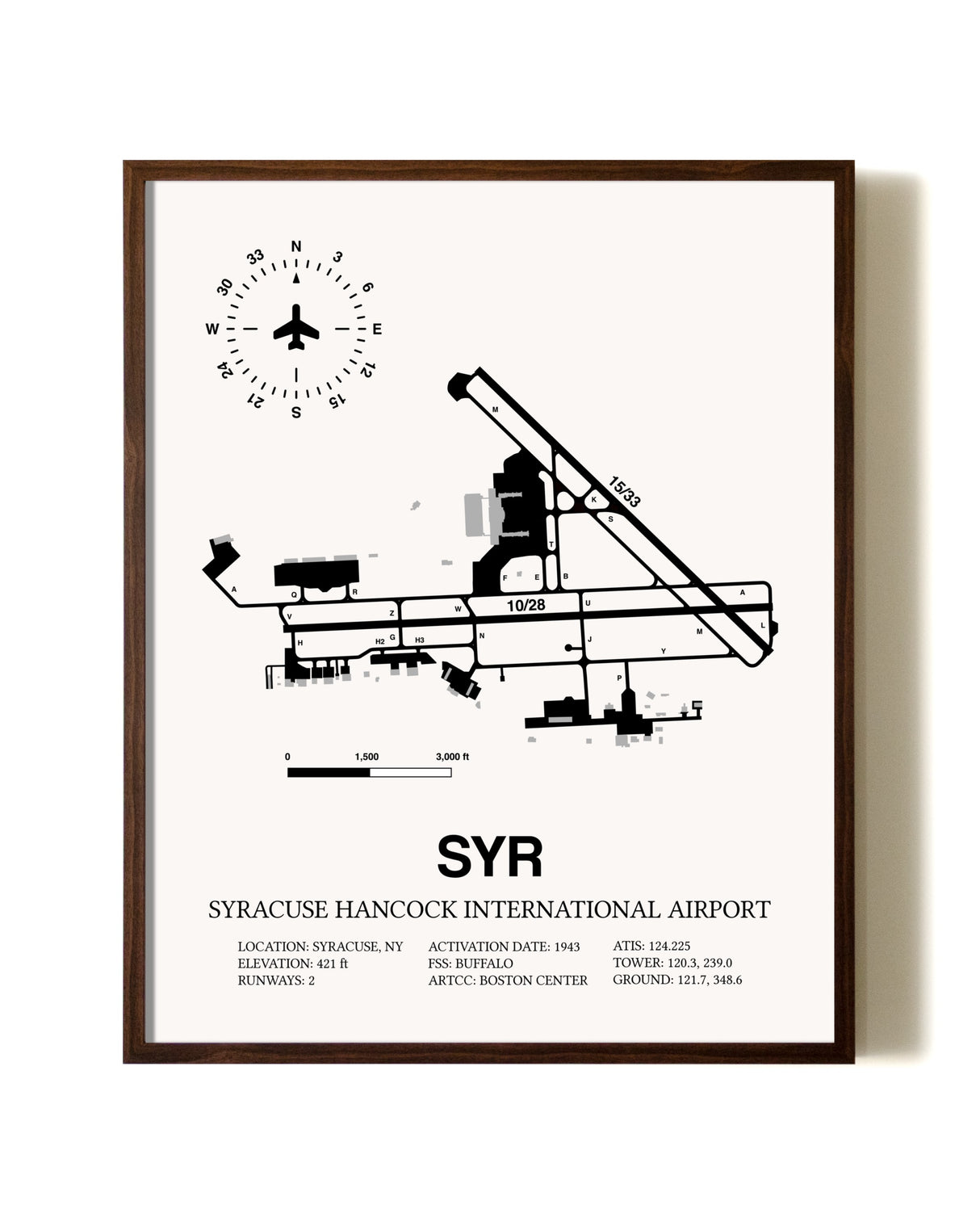 Syracuse Hancock International Airport aviation print in walnut frame
