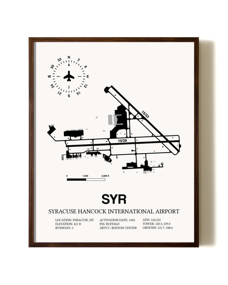 Syracuse Hancock International Airport aviation print in walnut frame
