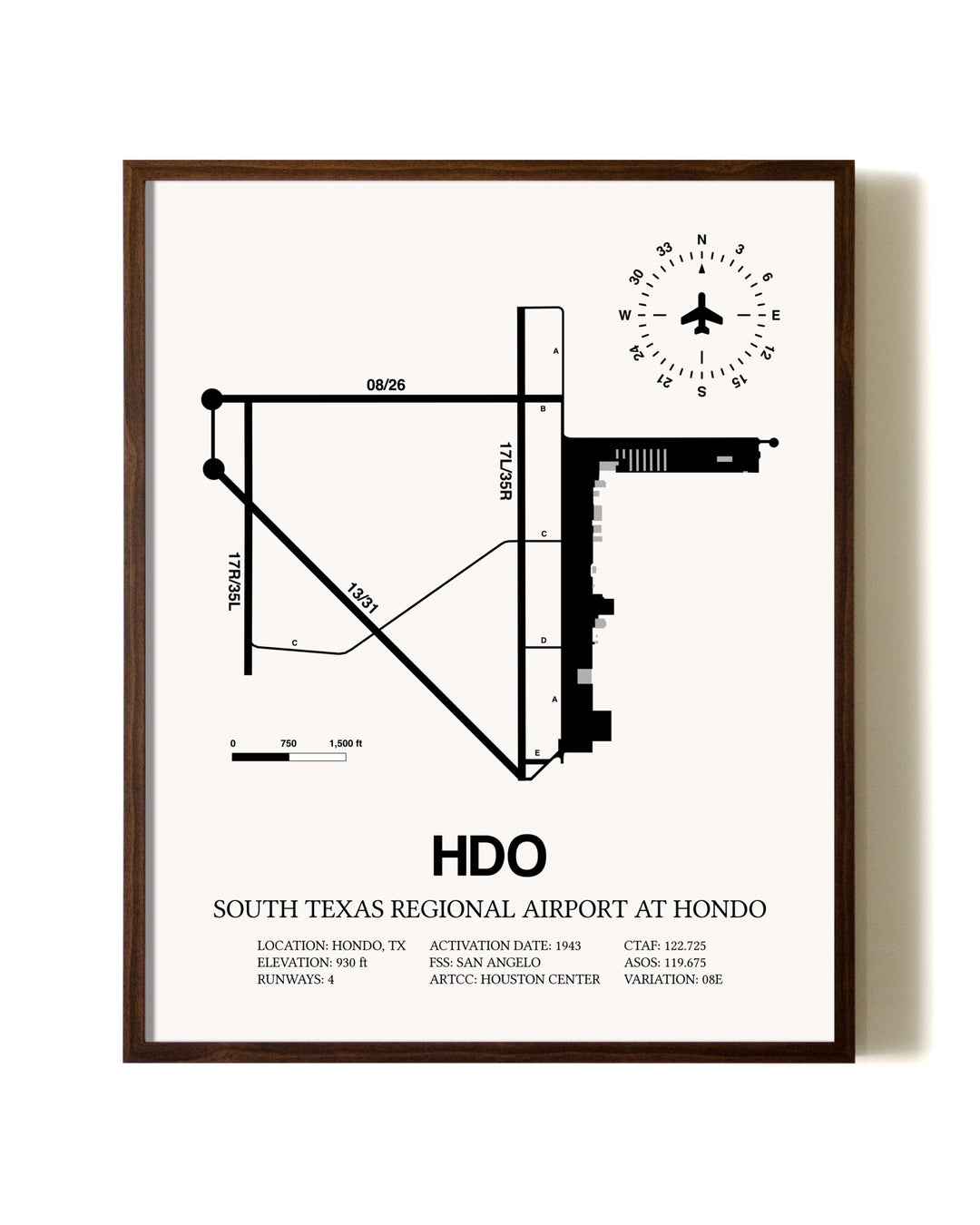 South Texas Regional Airport At Hondo aviation print in walnut frame