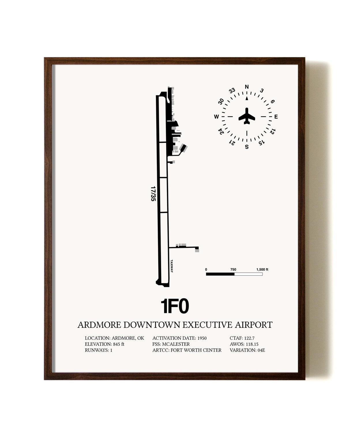 Ardmore Downtown Executive Airport aviation print in walnut frame
