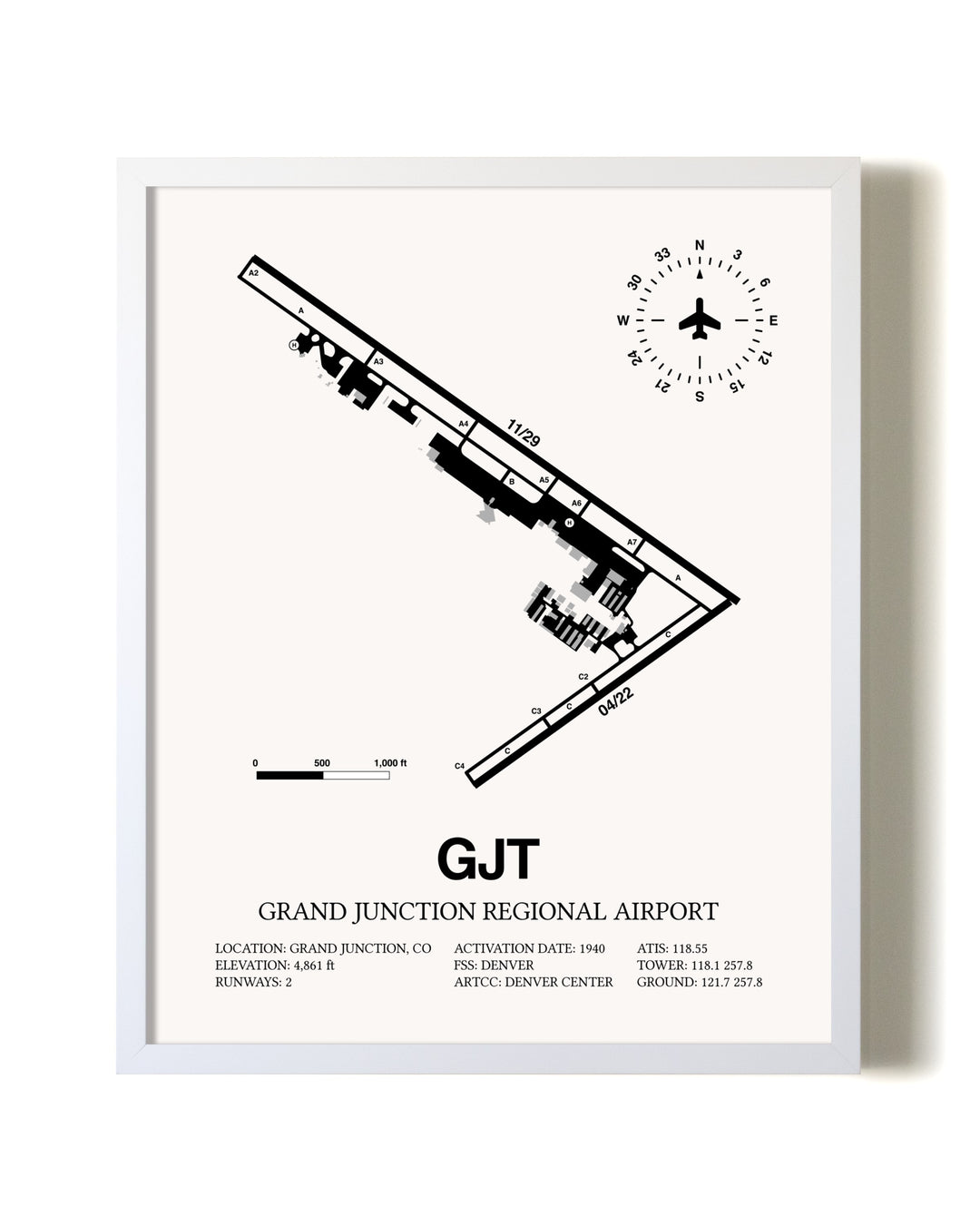 Grand Junction Regional Airport airport map poster in oak frame