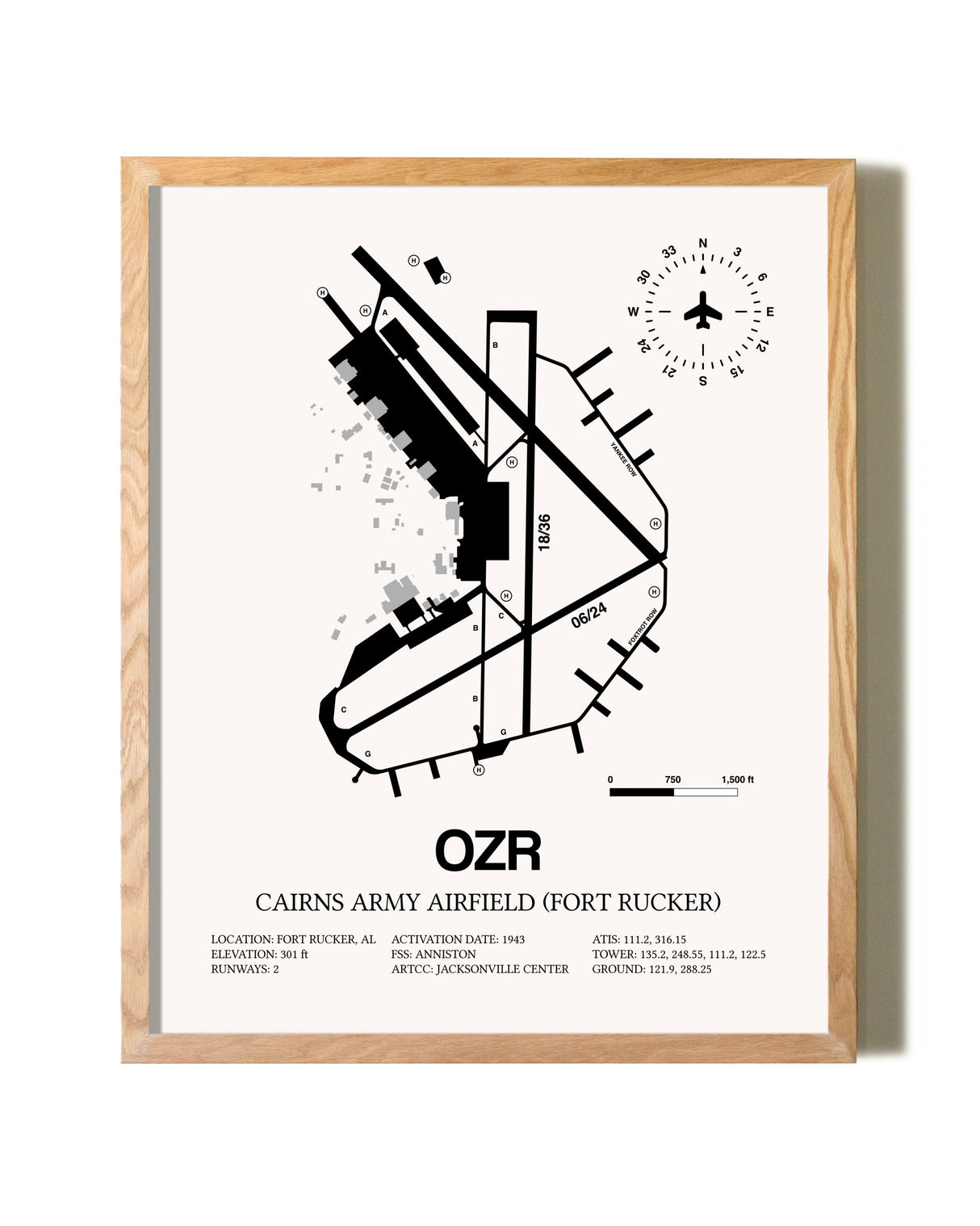 Cairns Army Airfield (Fort Rucker) framed print in natural wood frame