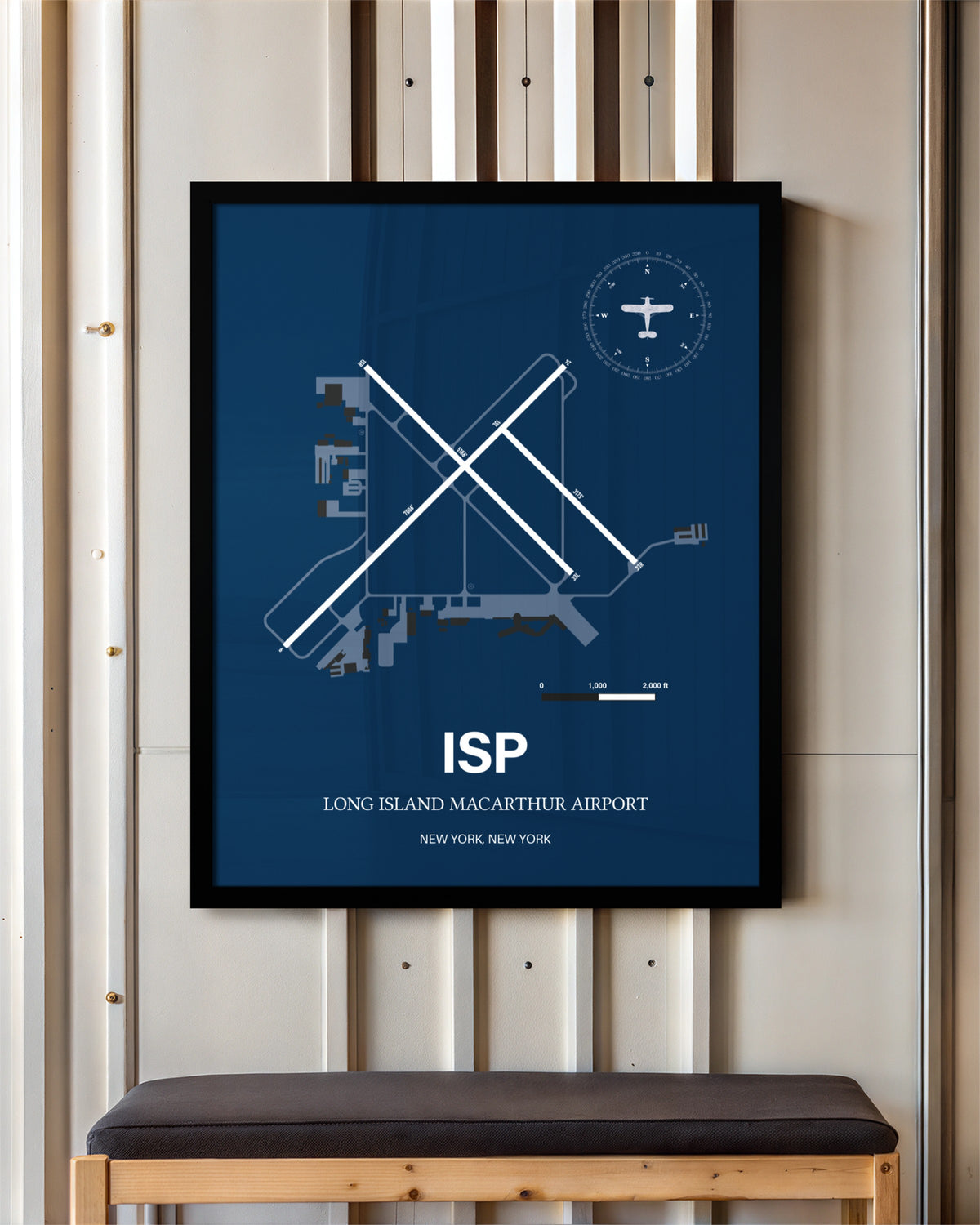 Long Island Mac Arthur Airport framed poster displayed in an airplane hangar