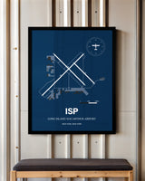 Long Island Mac Arthur Airport framed poster displayed in an airplane hangar