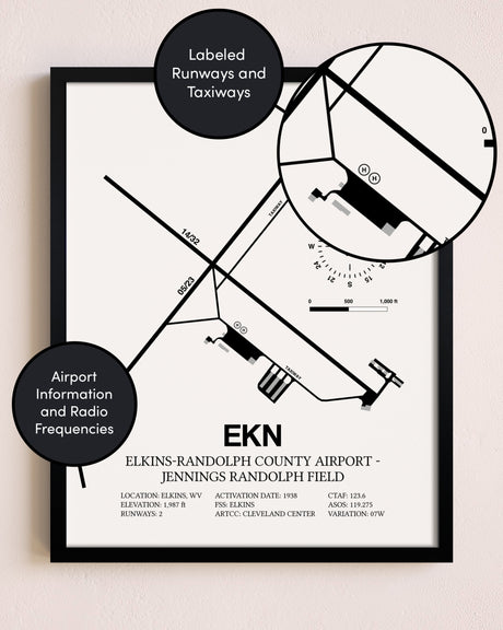 Framed Elkins-Randolph County Airport-Jennings Randolph Field layout wall art poster