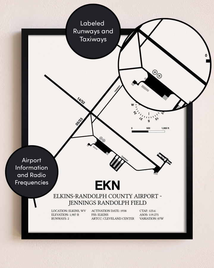 Framed Elkins-Randolph County Airport-Jennings Randolph Field layout wall art poster