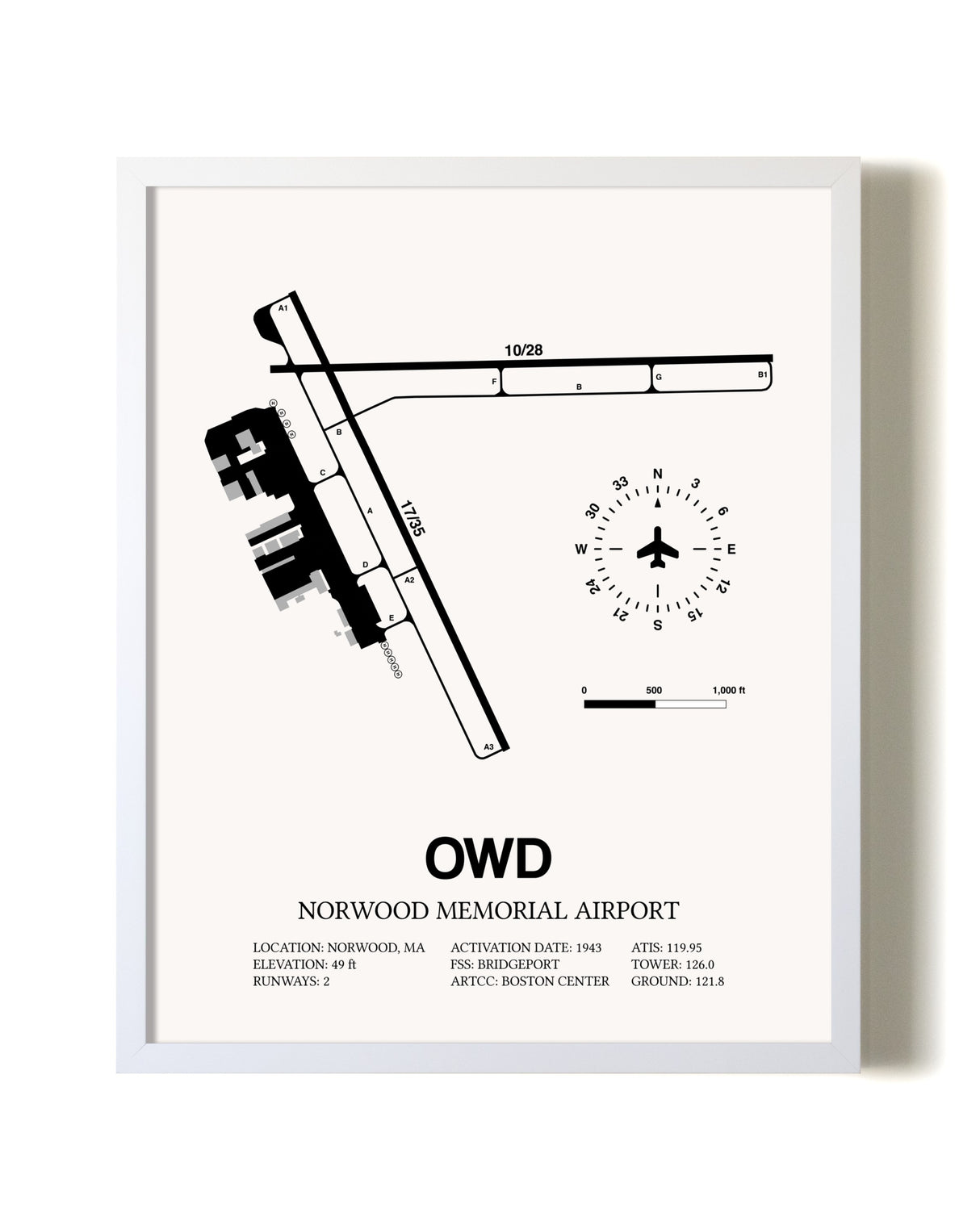 Norwood Memorial Airport airport map poster in oak frame