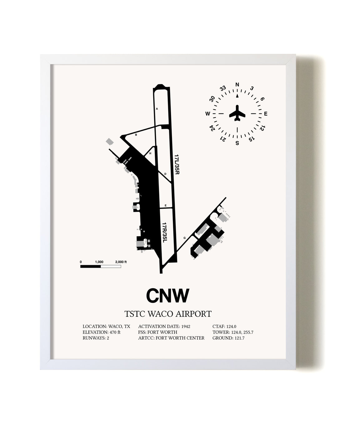 TSTC Waco Airport airport map poster in oak frame