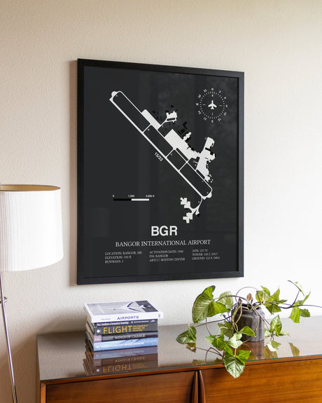 Gray Framed Bangor International Airport wall art poster in black frame