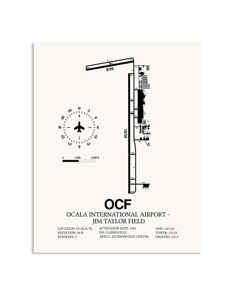 Gray Ocala International Airport-Jim Taylor Field framed poster displayed in an airplane hangar