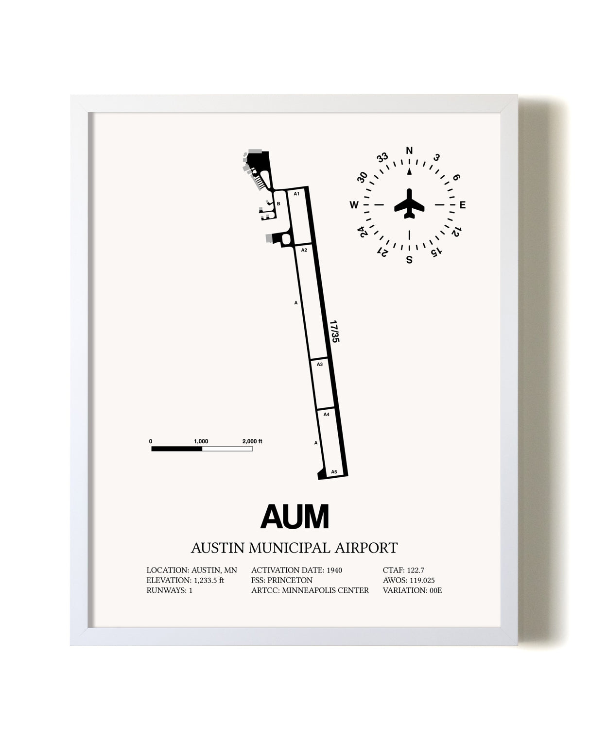 Austin Municipal Airport airport map poster in oak frame