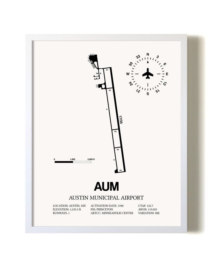 Austin Municipal Airport airport map poster in oak frame