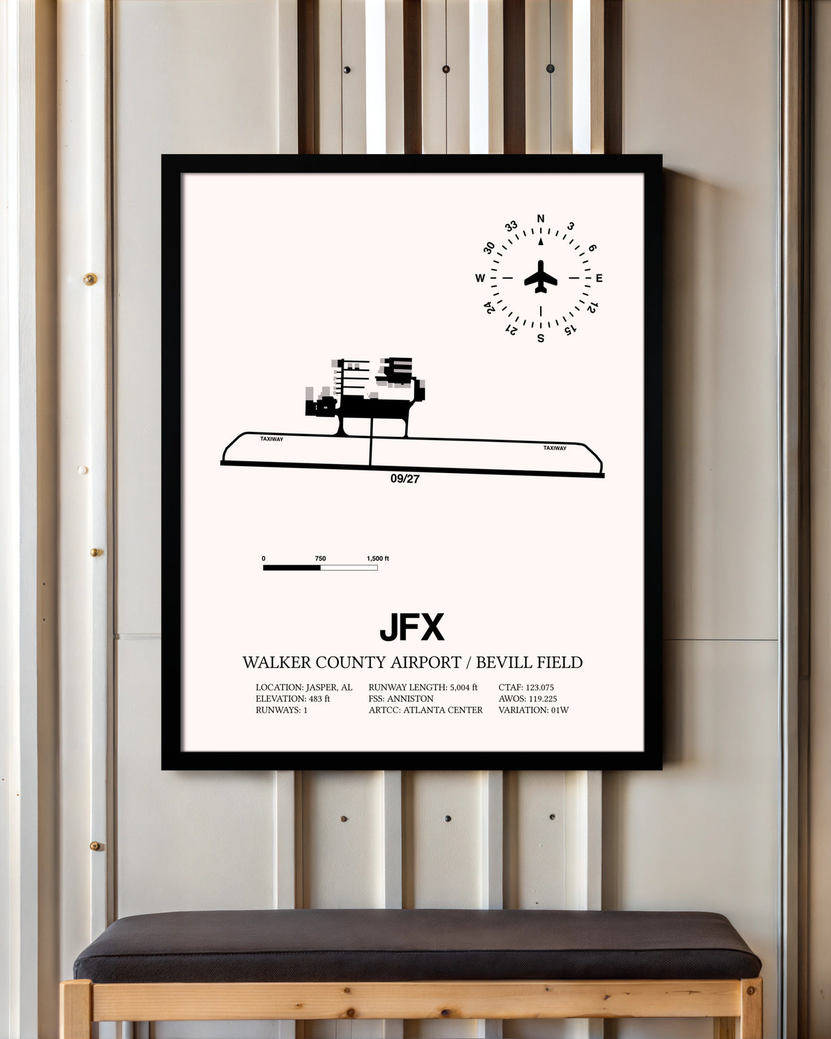 Walker County Airport / Bevill Field framed poster displayed in an airplane hangar