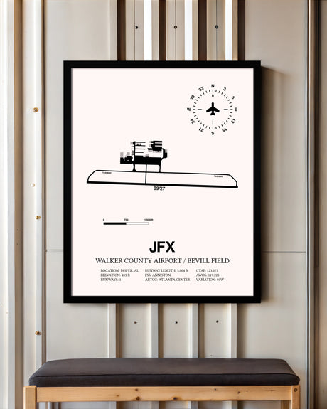 Walker County Airport / Bevill Field framed poster displayed in an airplane hangar