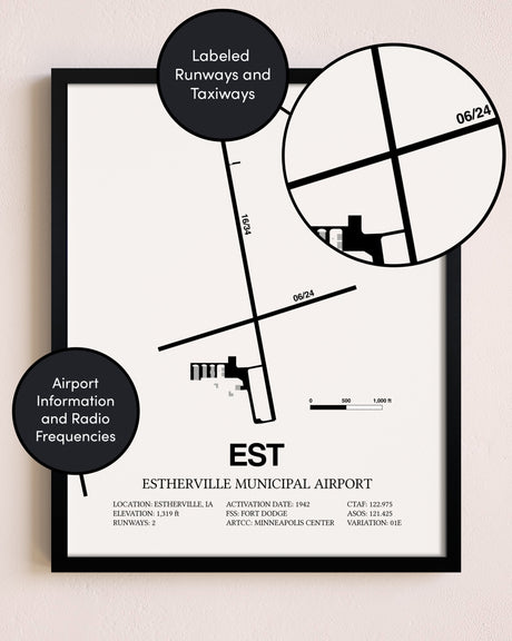 Framed Estherville Municipal Airport layout wall art poster