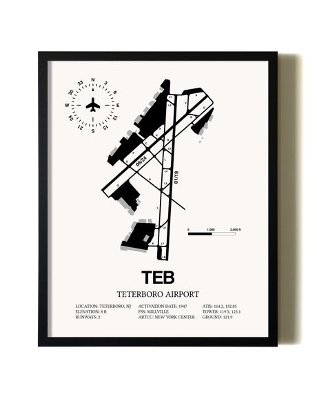 Framed Teterboro Airport wall art poster in black frame