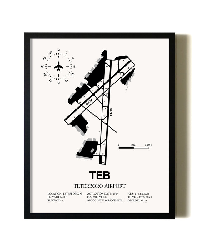 Framed Teterboro Airport wall art poster in black frame
