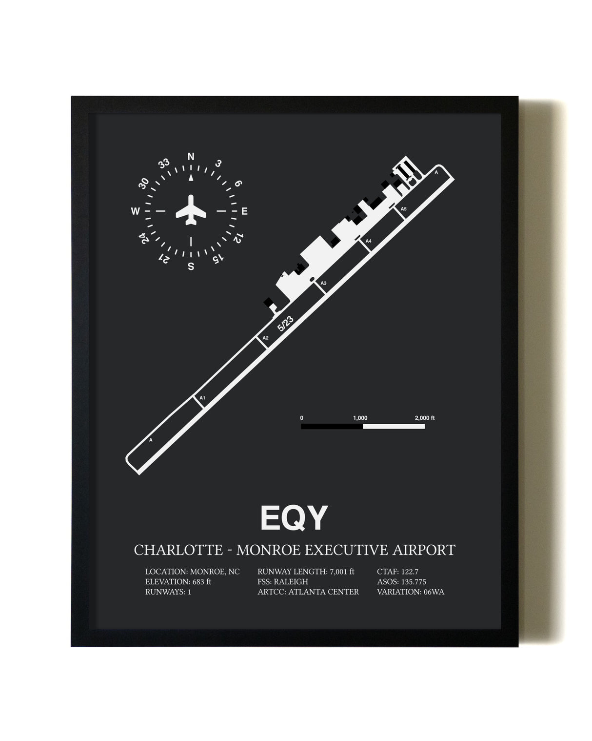 Unframed Charlotte-Monroe Executive Airport map print poster