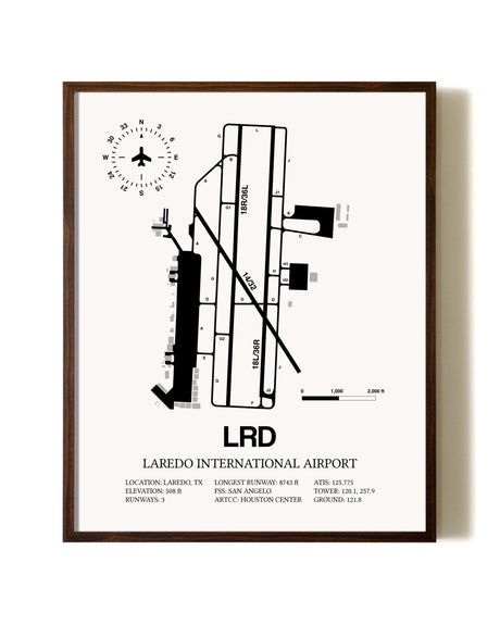 Laredo International Airport aviation print in walnut frame
