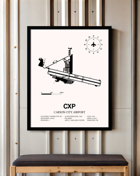 Carson City Airport framed poster displayed in an airplane hangar