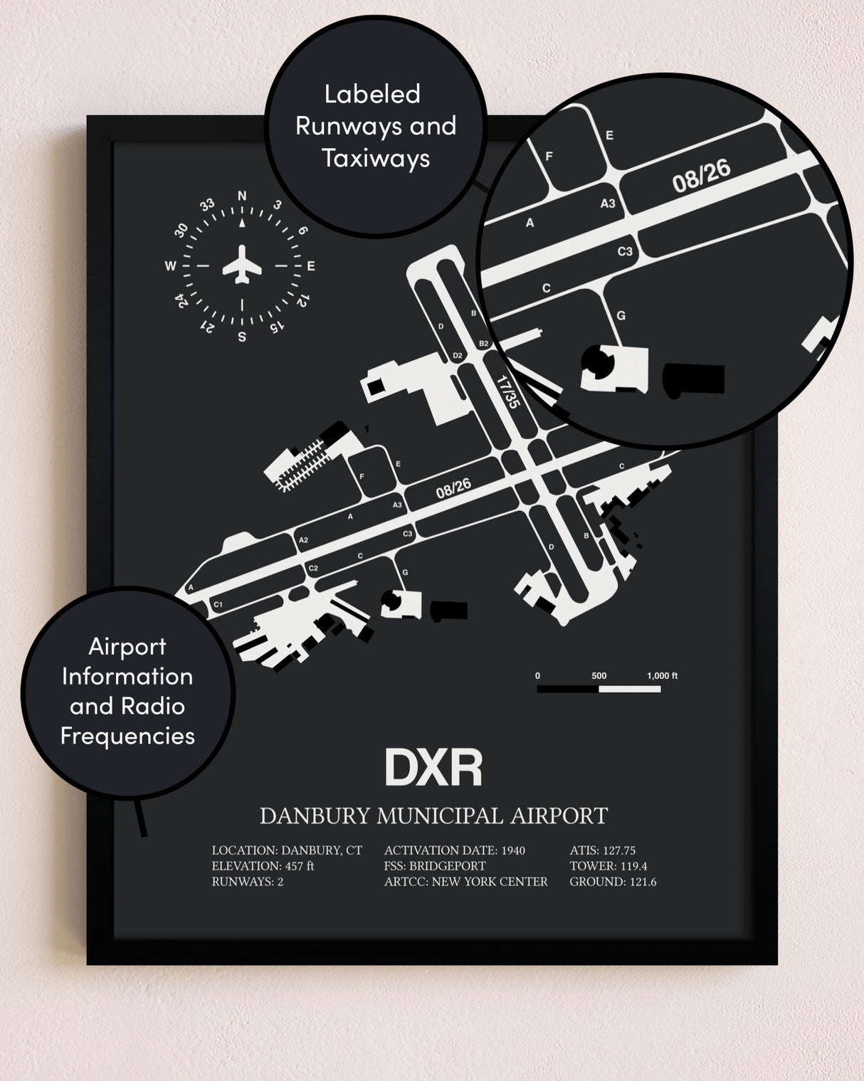Danbury Municipal Airport poster size comparison chart