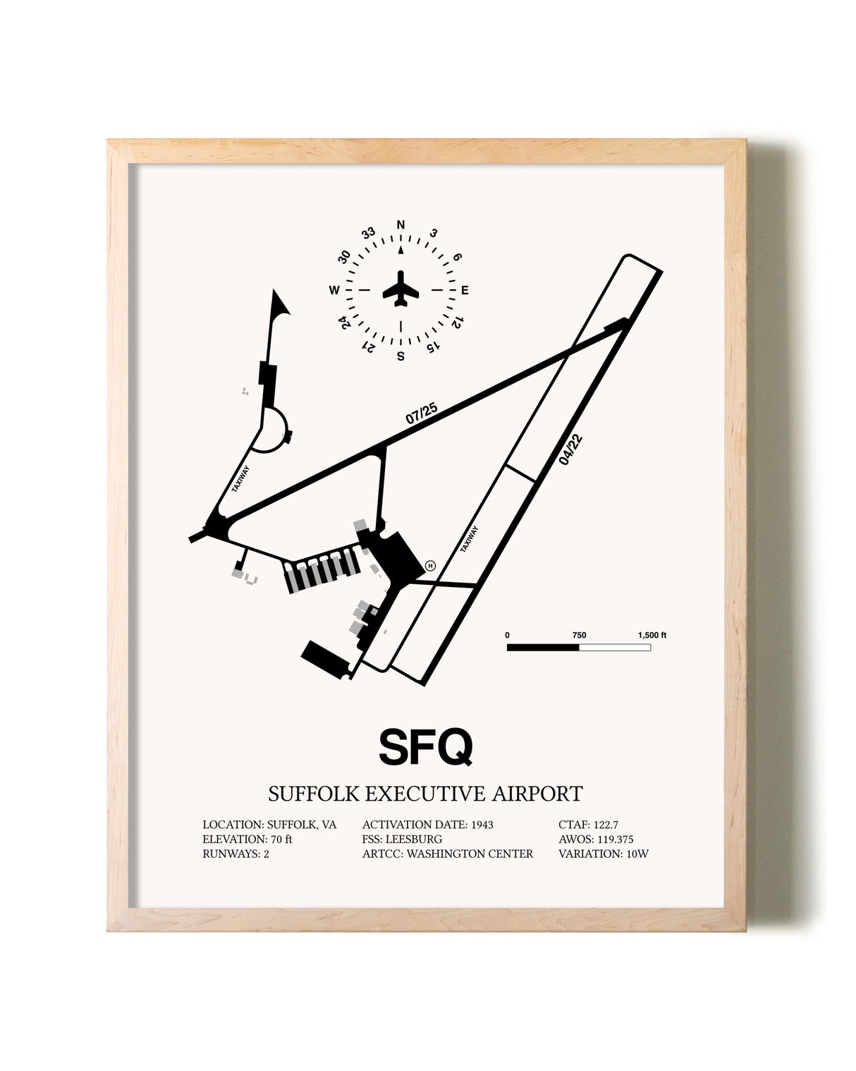 Suffolk Executive Airport framed wall art in white frame