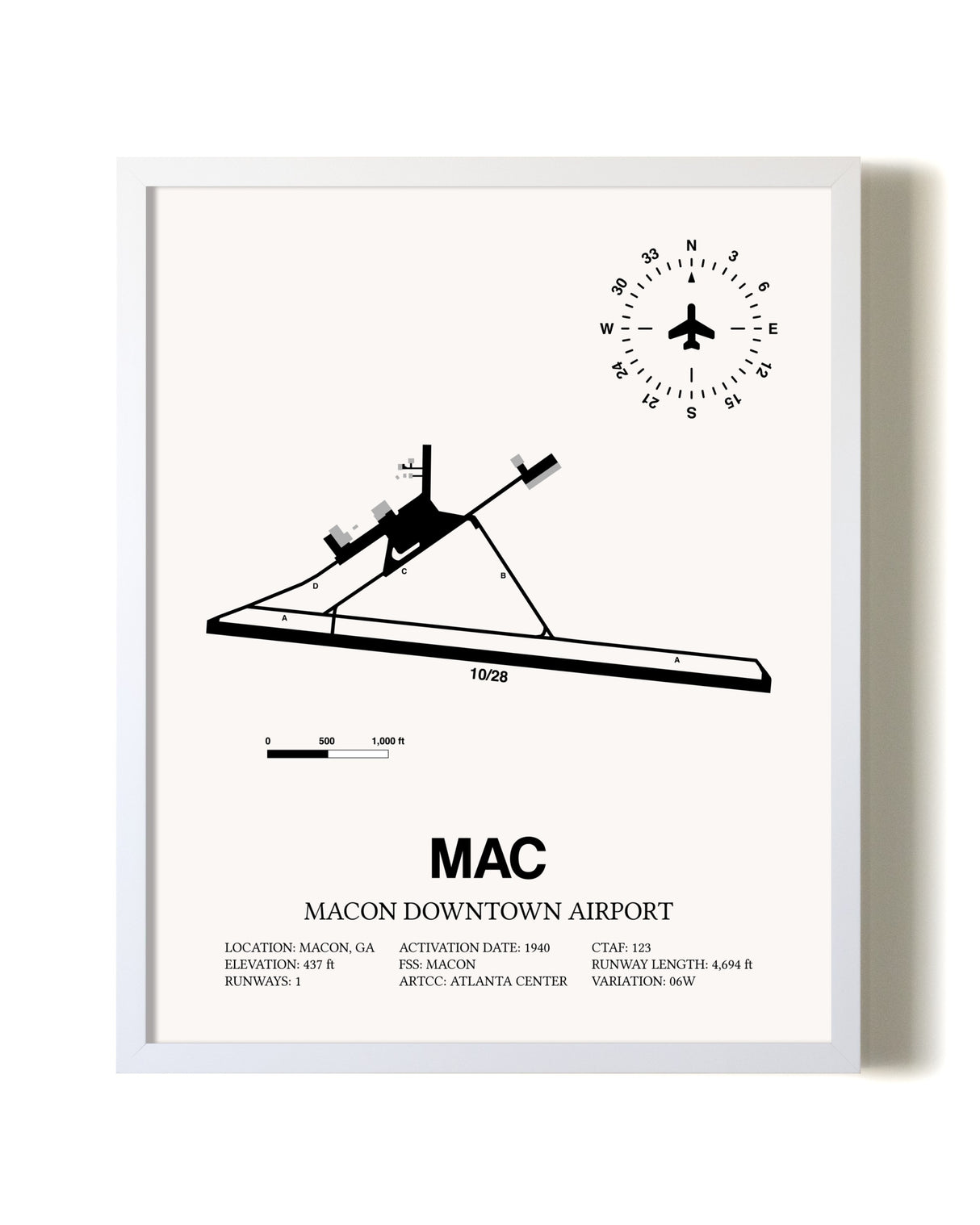 Macon Downtown Airport airport map poster in oak frame