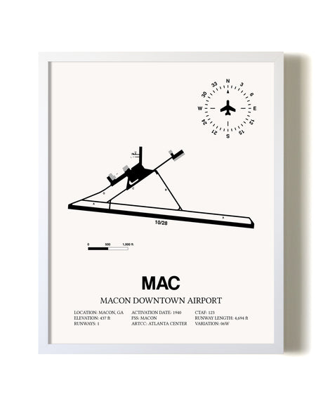 Macon Downtown Airport airport map poster in oak frame