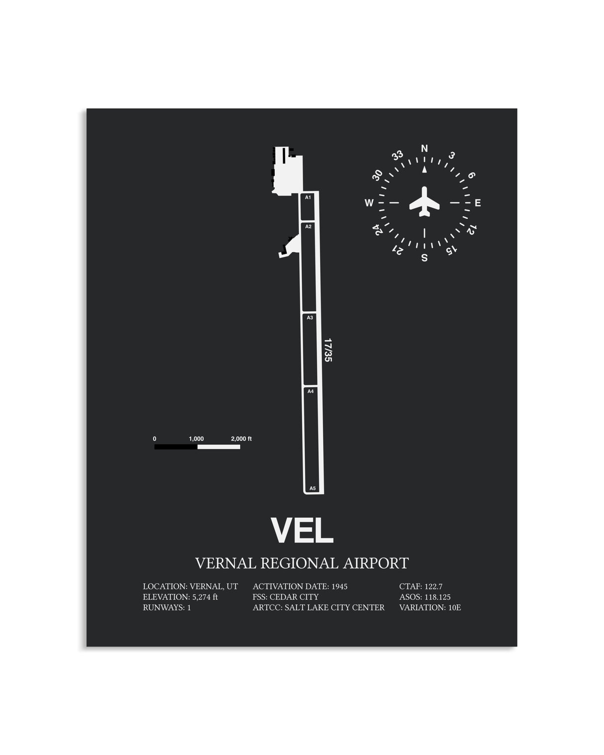 Gray Framed Vernal Regional Airport layout wall art poster
