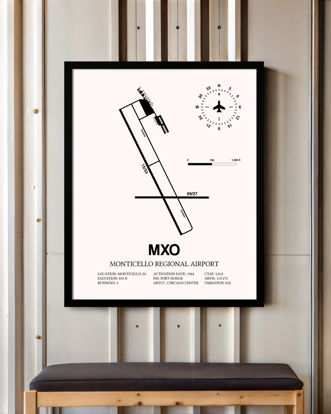 Monticello Regional Airport framed poster displayed in an airplane hangar