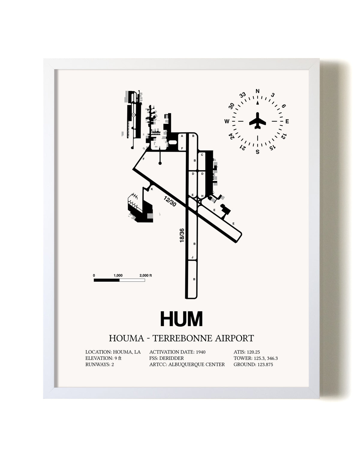 Houma-Terrebonne Airport airport map poster in oak frame