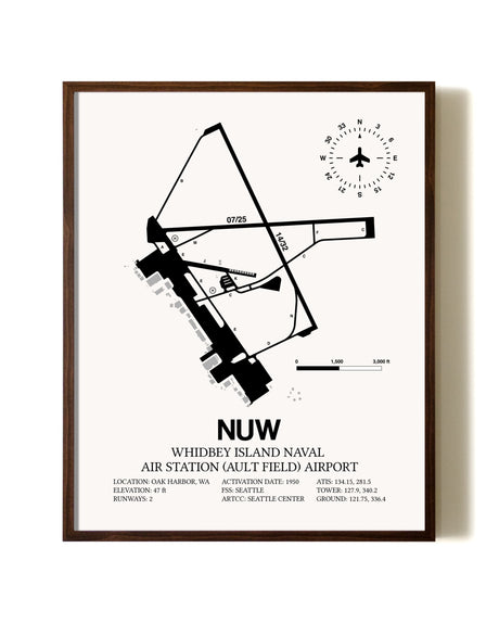 Whidbey Island Naval Air Station (Ault Field) Airport aviation print in walnut frame
