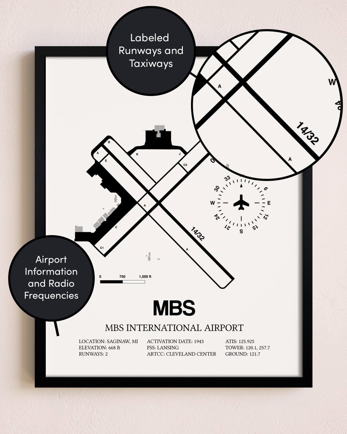 Framed MBS International Airport layout wall art poster