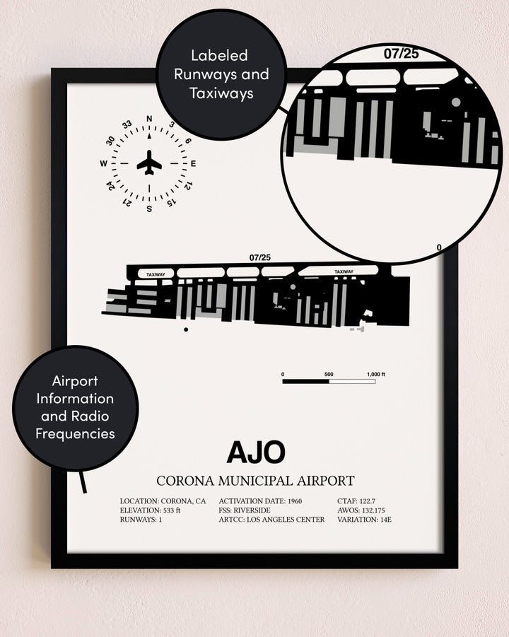 Framed Corona Municipal Airport layout wall art poster