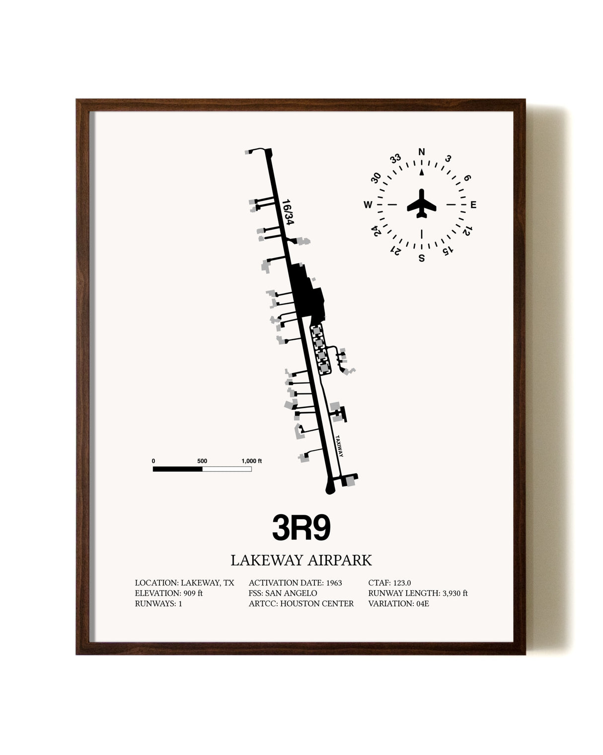 Lakeway Airpark aviation print in walnut frame