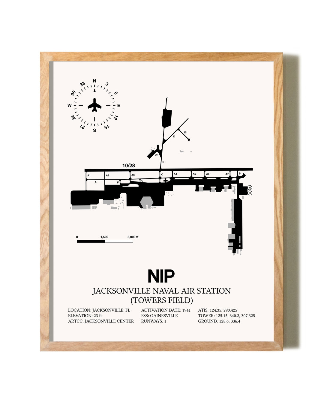 Jacksonville Naval Air Station (Towers Field) framed print in natural wood frame