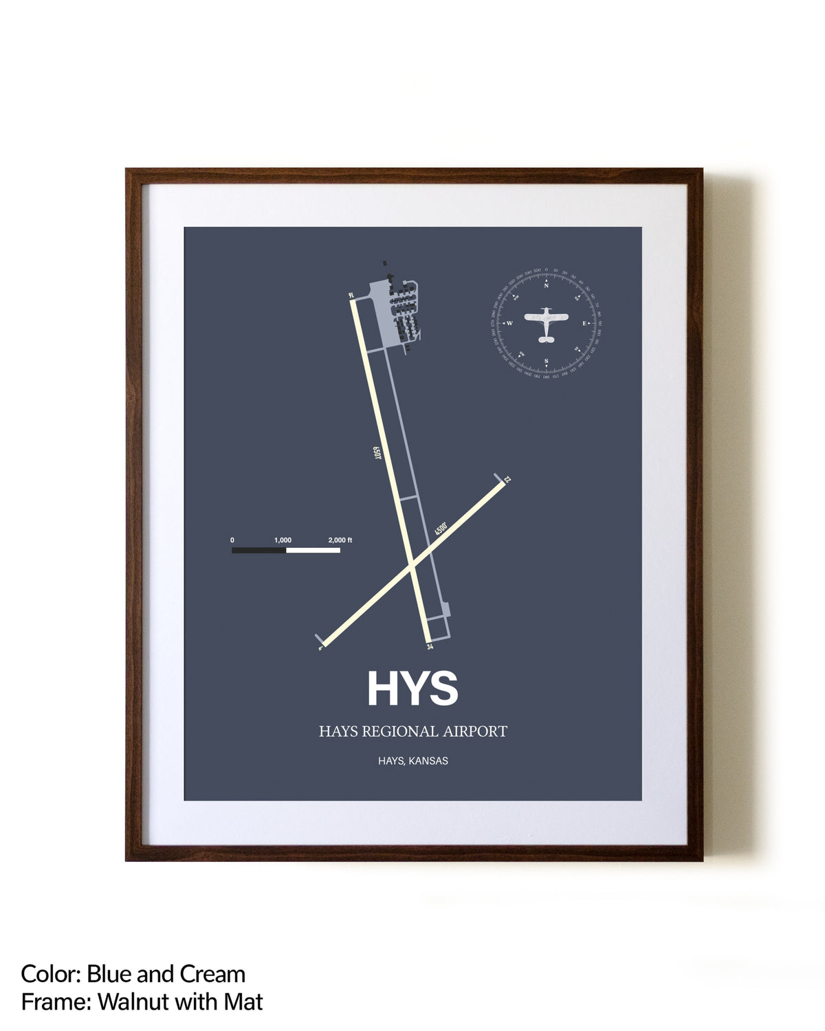 Hays Regional Airport aviation print in walnut frame with mat