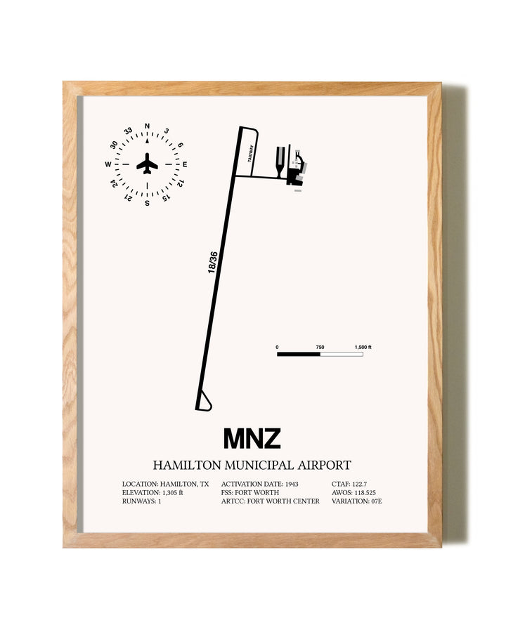 Hamilton Municipal Airport framed print in natural wood frame