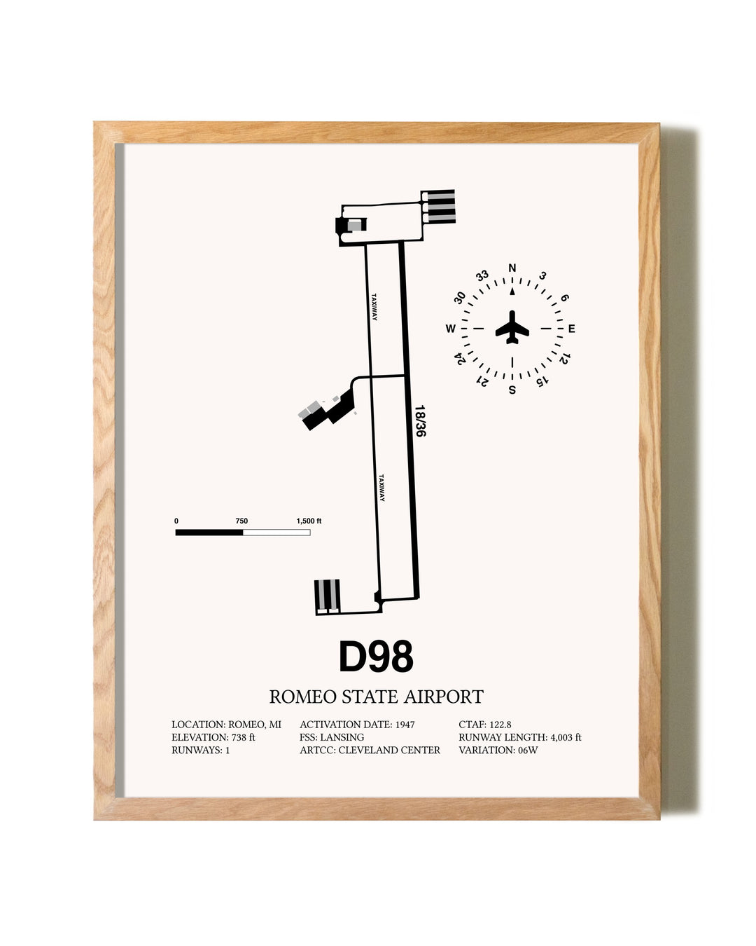 Romeo State Airport framed print in natural wood frame