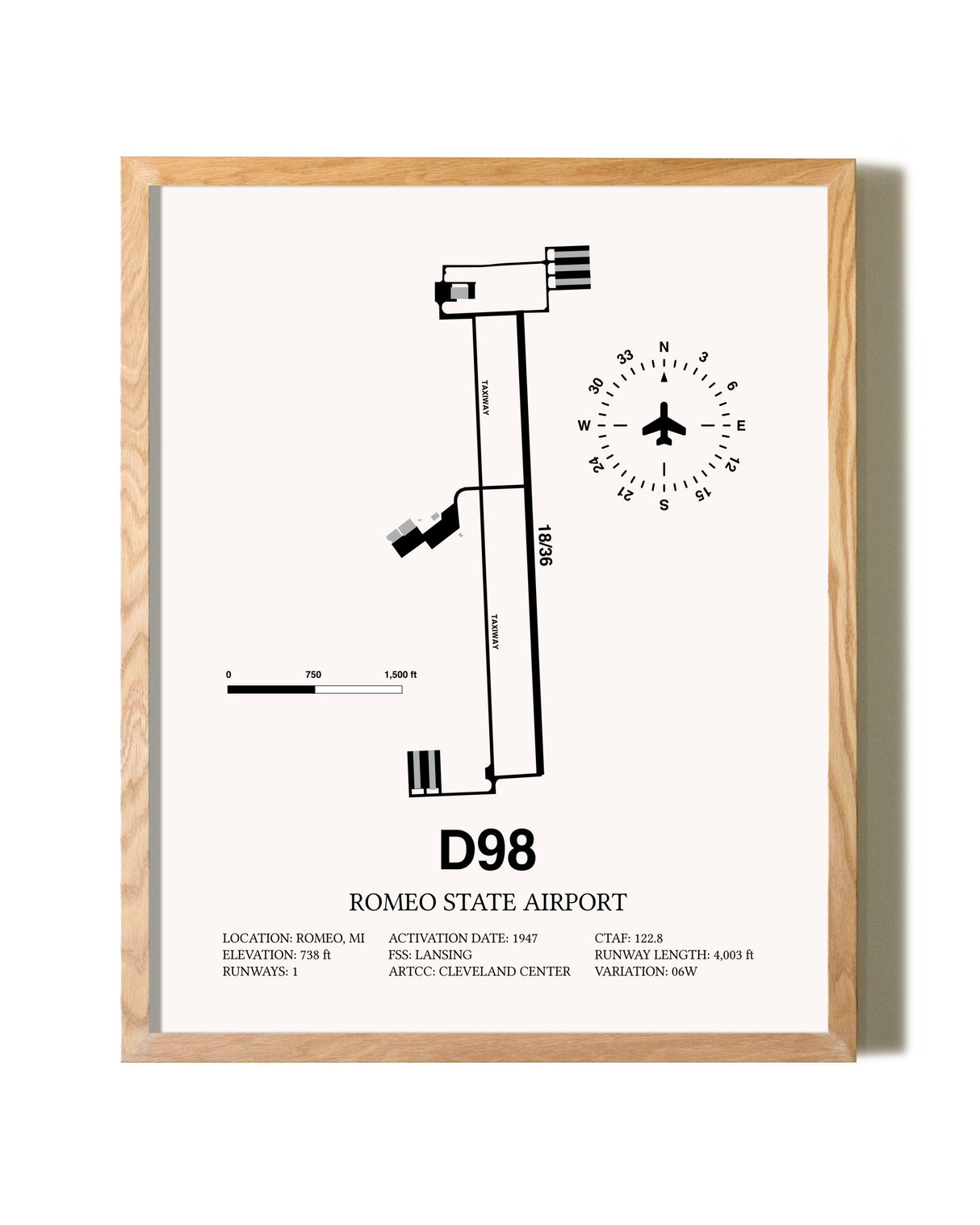 Romeo State Airport framed print in natural wood frame