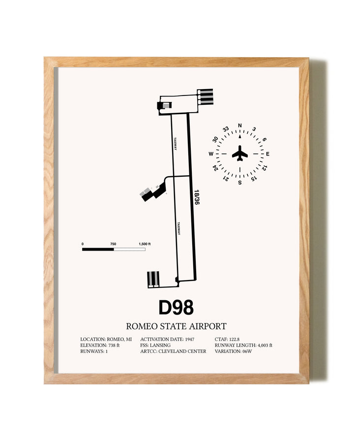 Romeo State Airport framed print in natural wood frame