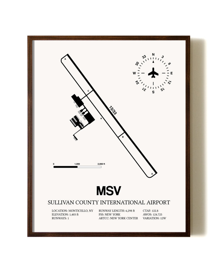 Sullivan County International Airport aviation print in walnut frame