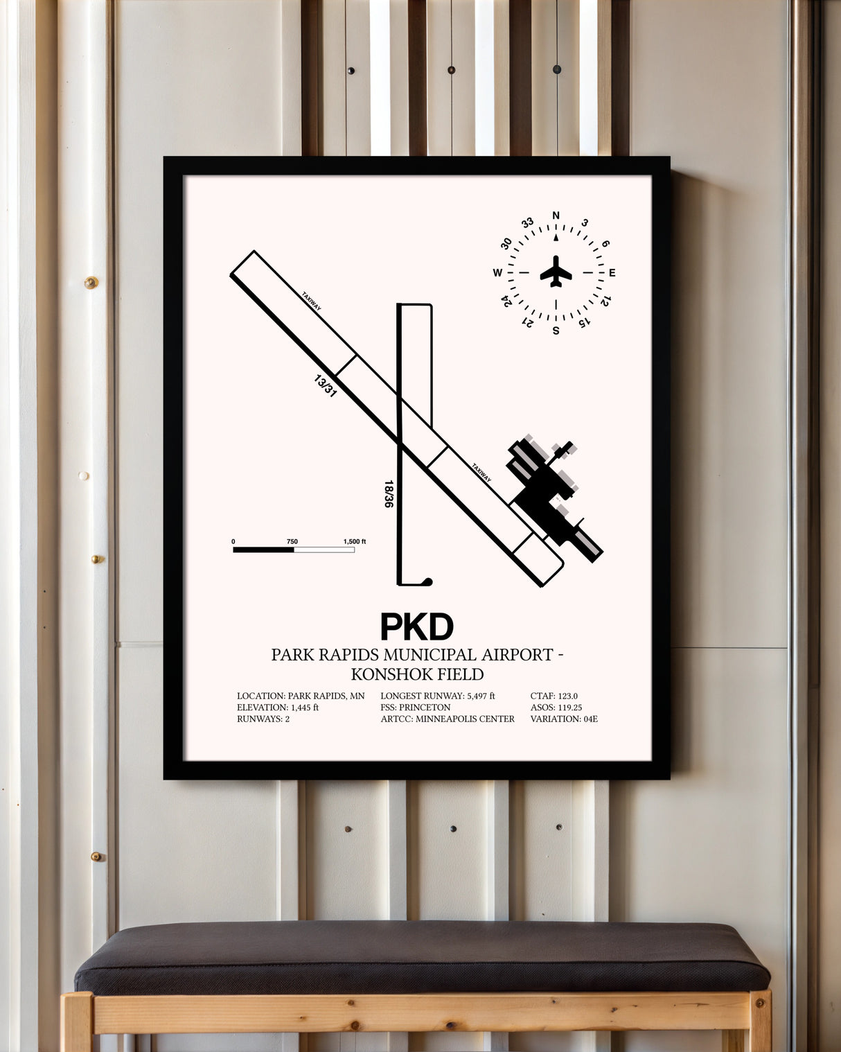 Park Rapids Municipal Airport-Konshok Field framed poster displayed in an airplane hangar