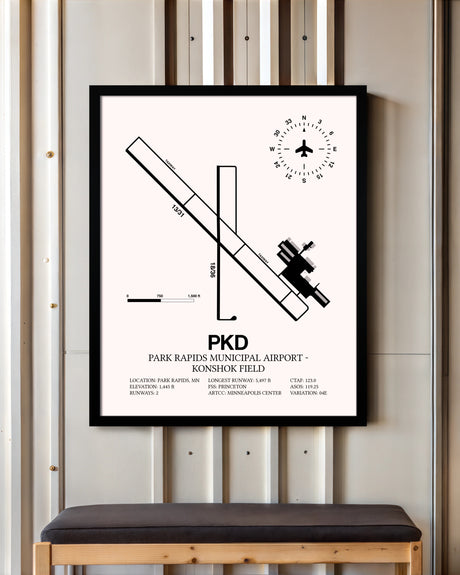 Park Rapids Municipal Airport-Konshok Field framed poster displayed in an airplane hangar