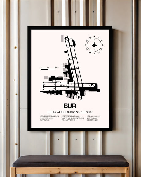 Hollywood Burbank Airport framed poster displayed in an airplane hangar