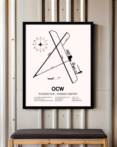 Washington-Warren Airport framed poster displayed in an airplane hangar