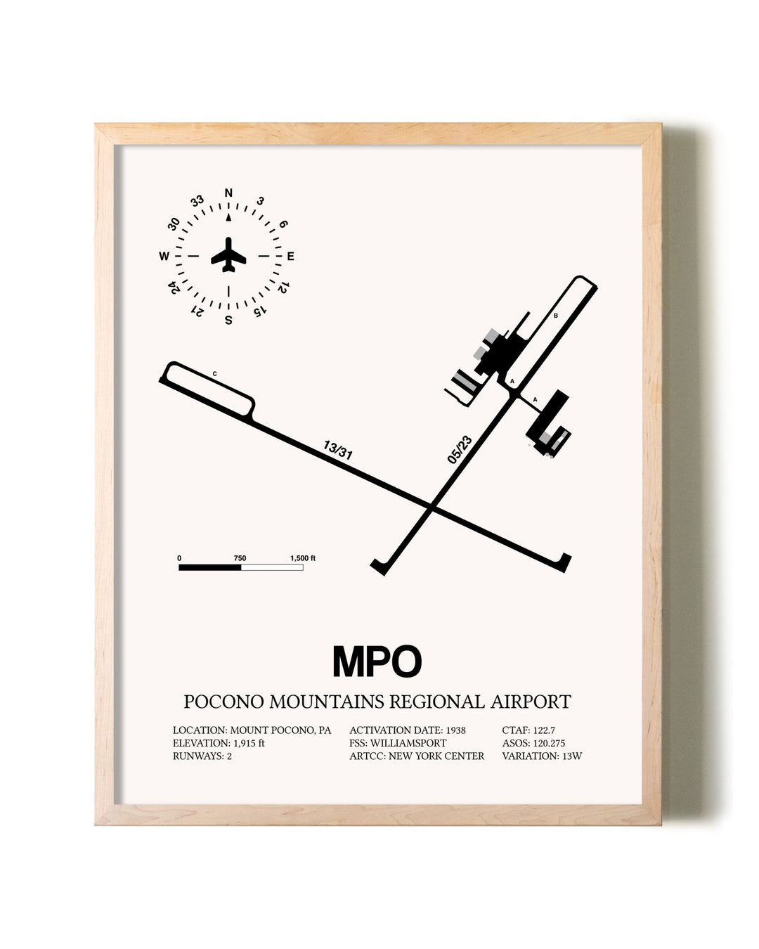 Pocono Mountains Regional Airport framed wall art in white frame