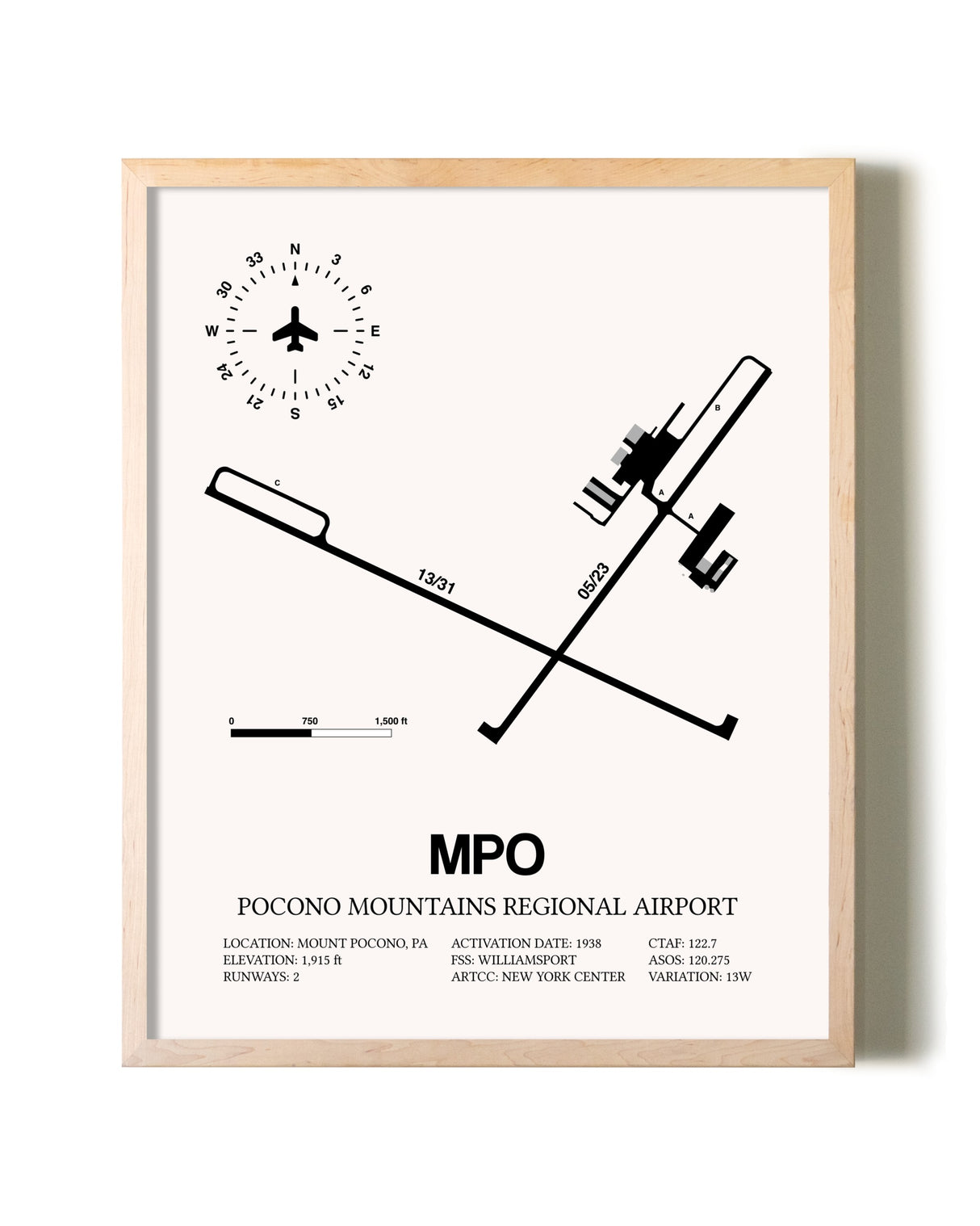 Pocono Mountains Regional Airport framed wall art in white frame