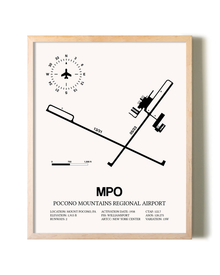 Pocono Mountains Regional Airport framed wall art in white frame