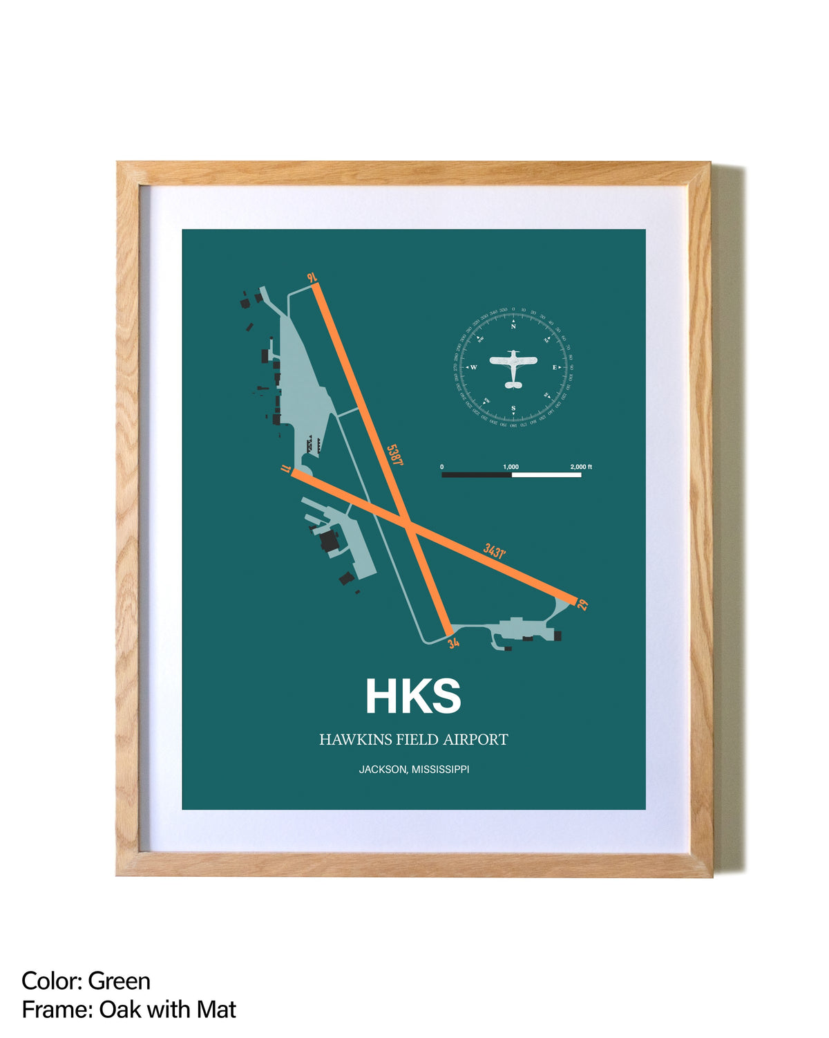 Hawkins Field Airport airport map poster in oak frame with mat